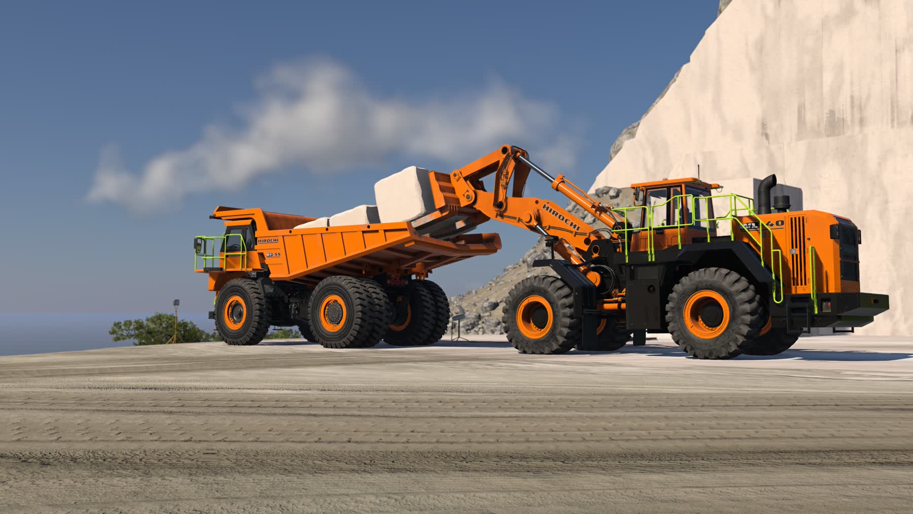 A wheel loader placing stone blocks into a dump truck in BeamNG.drive