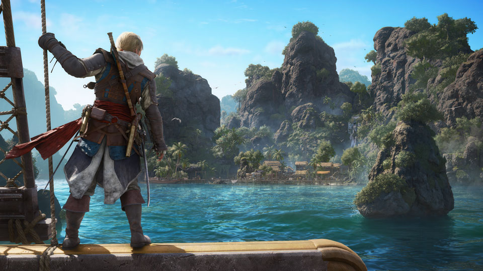 Edward Kenway aboard a boat overlooking a tropical cove in Assassin's Creed Black Flag Resynced