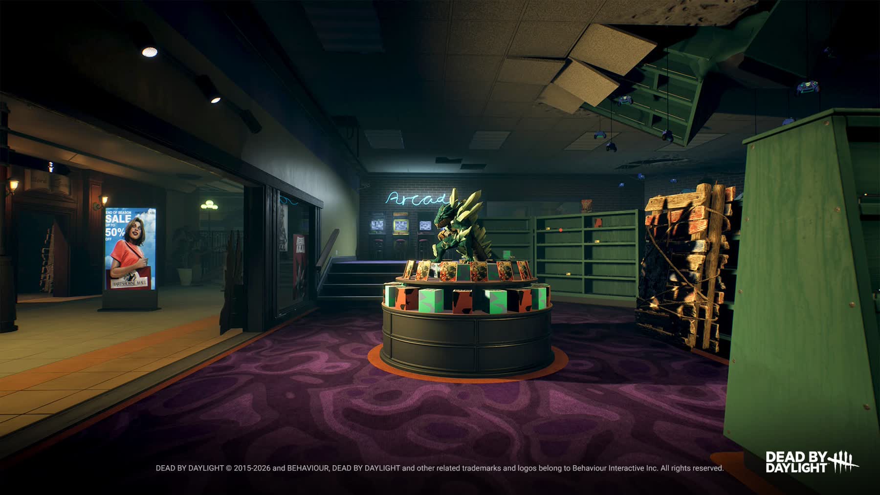 An abandoned shop and arcade entrance inside Dead by Daylight's Hartshorne Mall