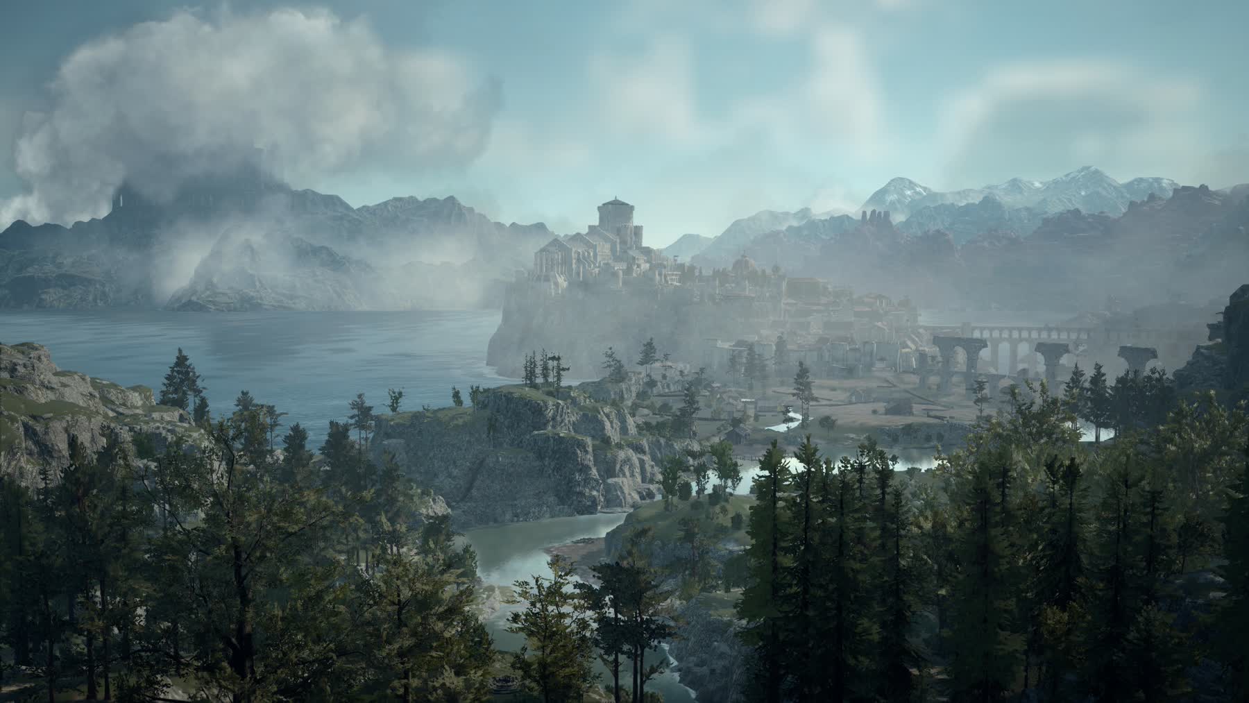 A walled settlement overlooks rivers and wooded cliffs in Dragon's Dogma 2: Dark Arisen