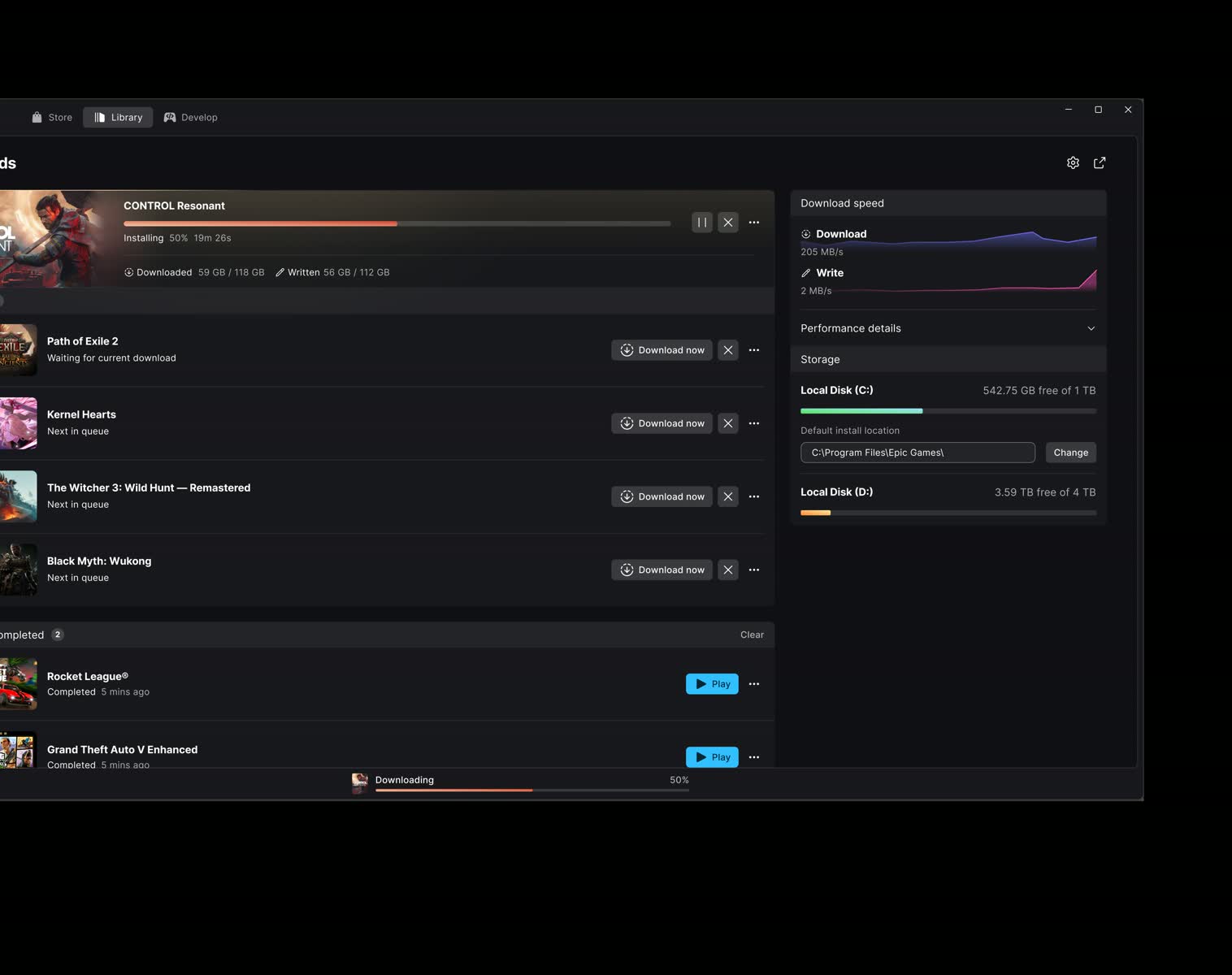 The new Epic Games Launcher download manager showing game downloads and transfer speeds