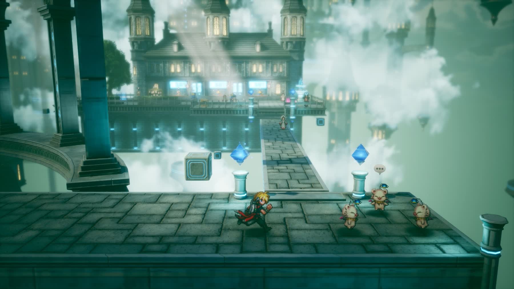 A pixel-art character and moogles on a stone walkway above the clouds in Final Fantasy Resonance