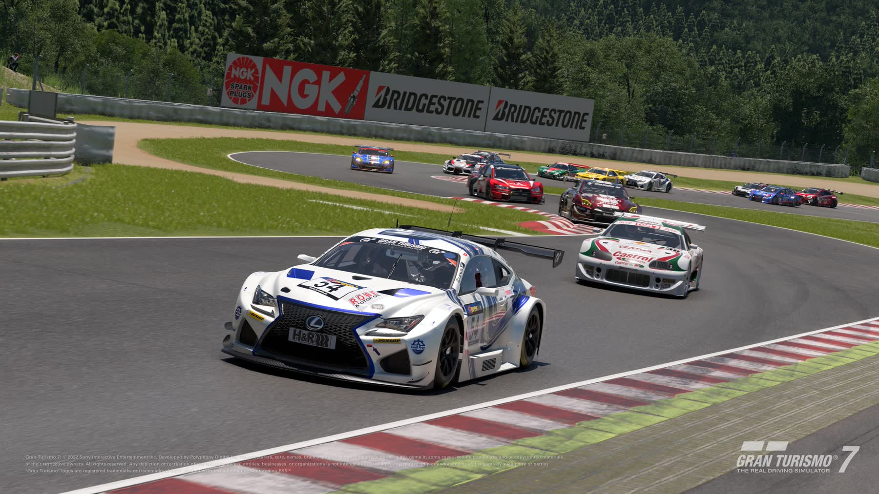 Race cars rounding a corner at SUGO International Racing Course in Gran Turismo 7