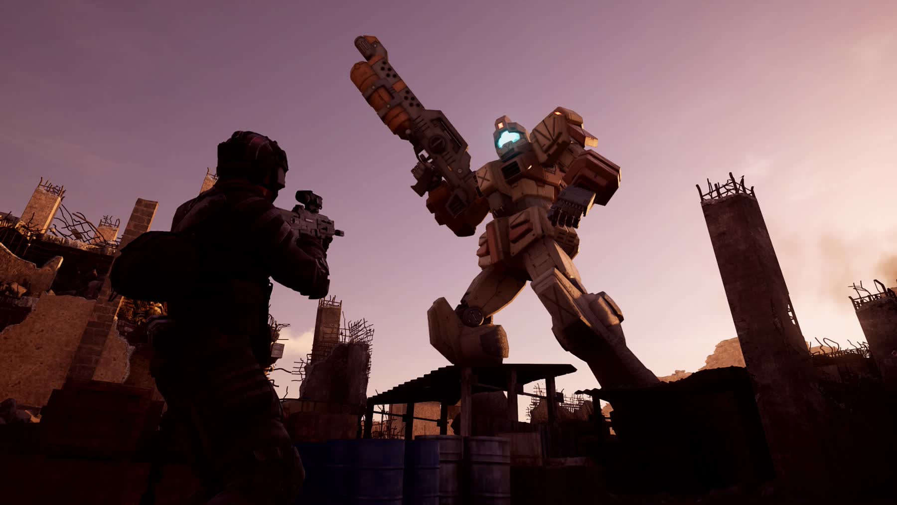 An infantry soldier faces a towering mobile suit amid ruined buildings in Gundam Battle Operation 3