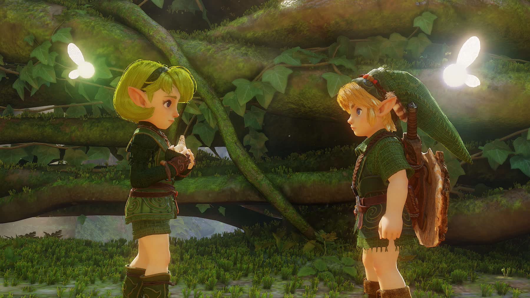 Young Link and Saria talking with Navi nearby