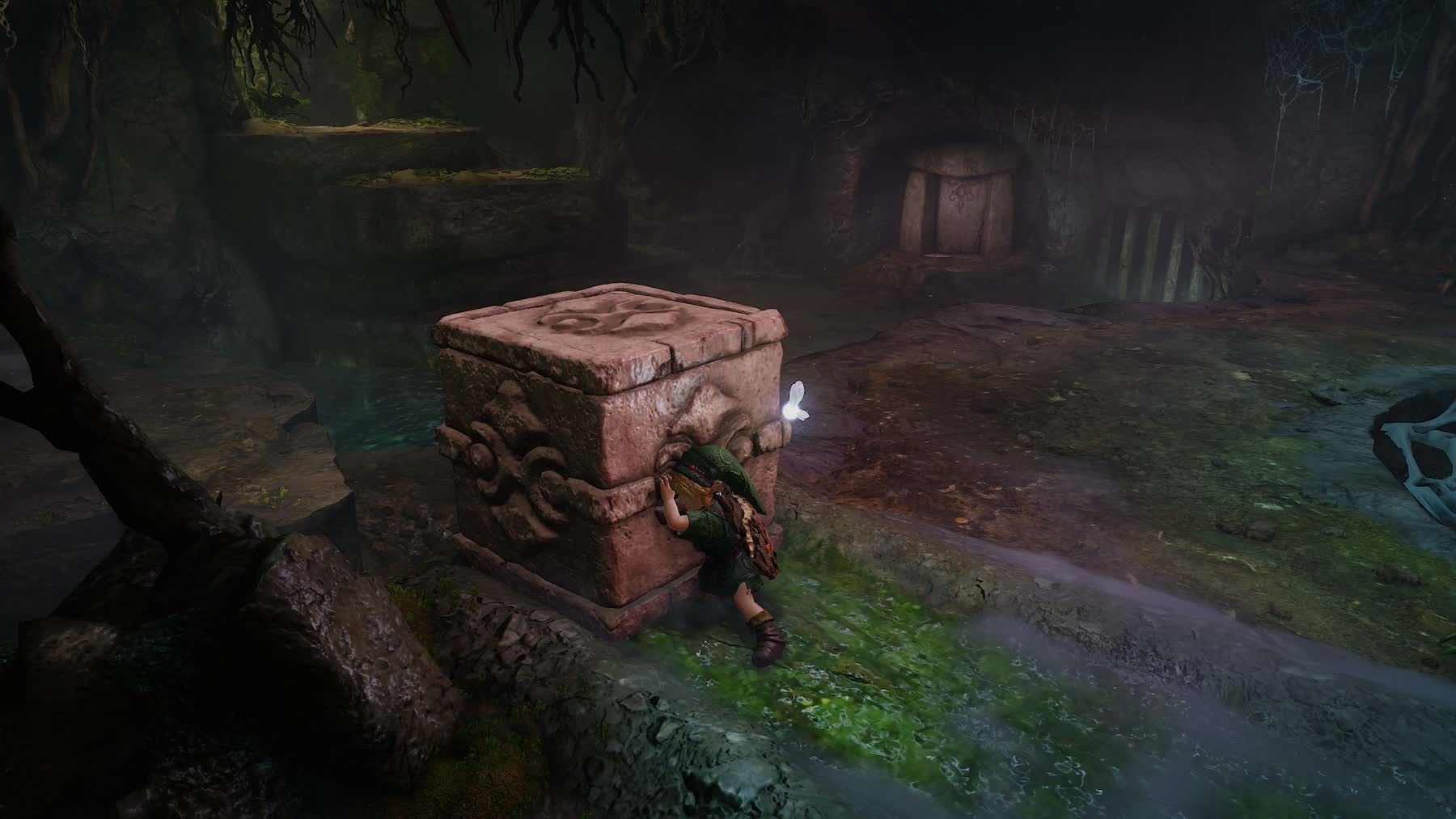 Link beside a large patterned block inside a dungeon