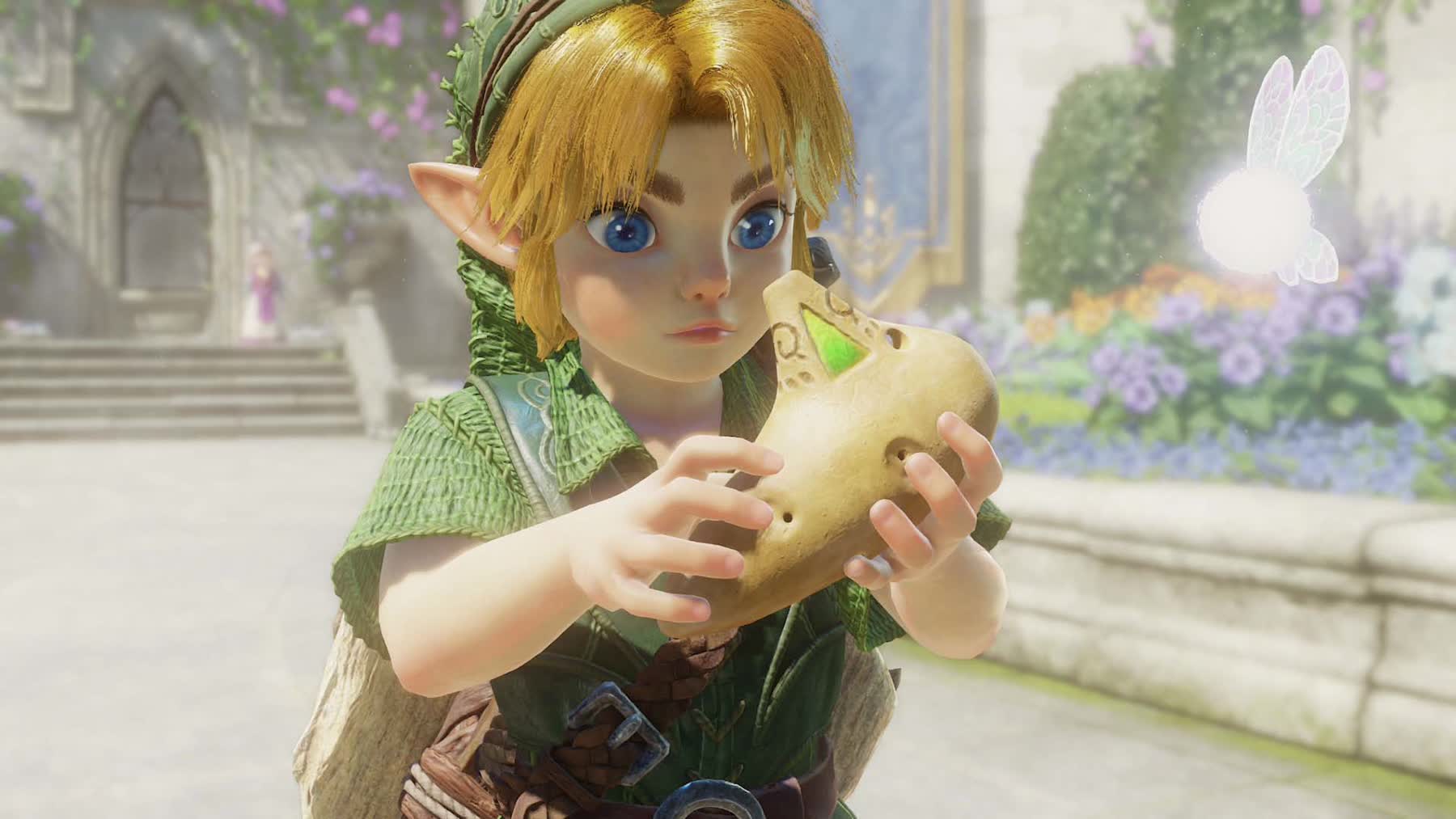 Young Link holding the ocarina in a courtyard