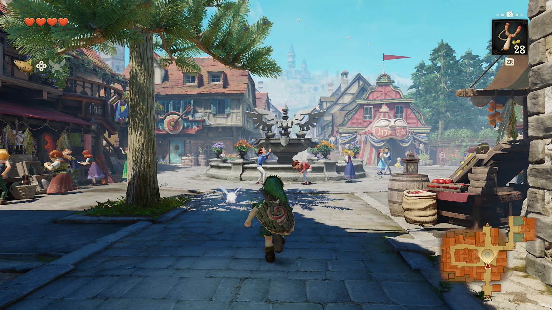 Young Link walking through Castle Town with shops and townspeople ahead