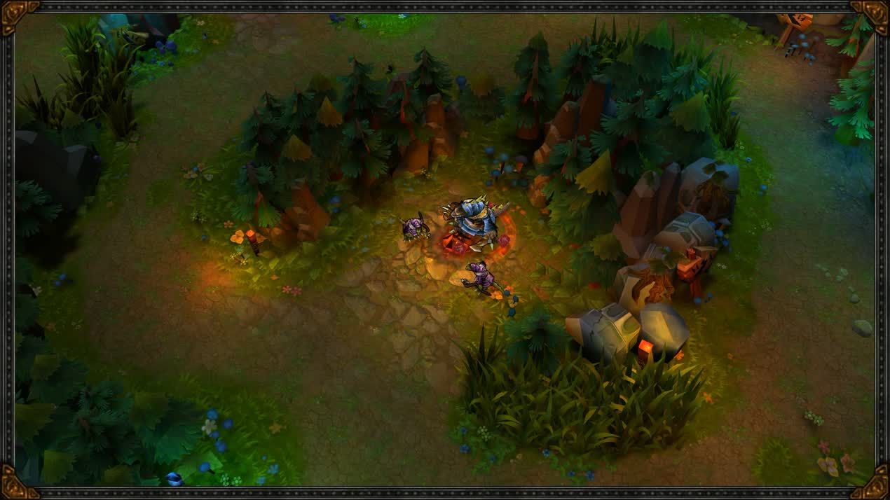 A champion fighting jungle monsters on the older Summoner’s Rift map in League Classic