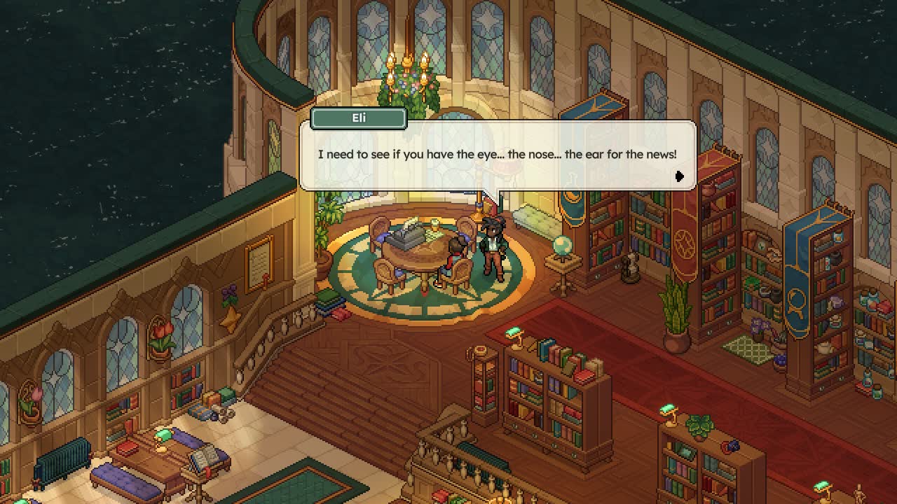 A conversation with Eli inside a library in Witchbrook