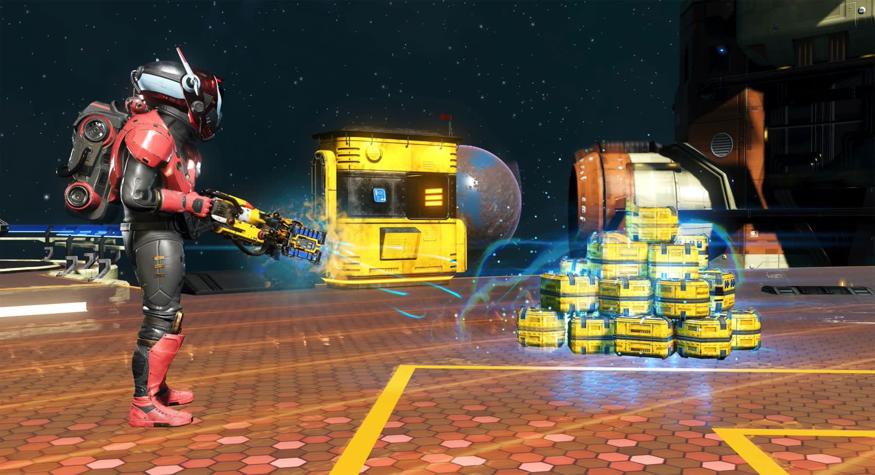 A No Man's Sky traveller using a Gravitino Coil to move a delivery crate at a space outpost