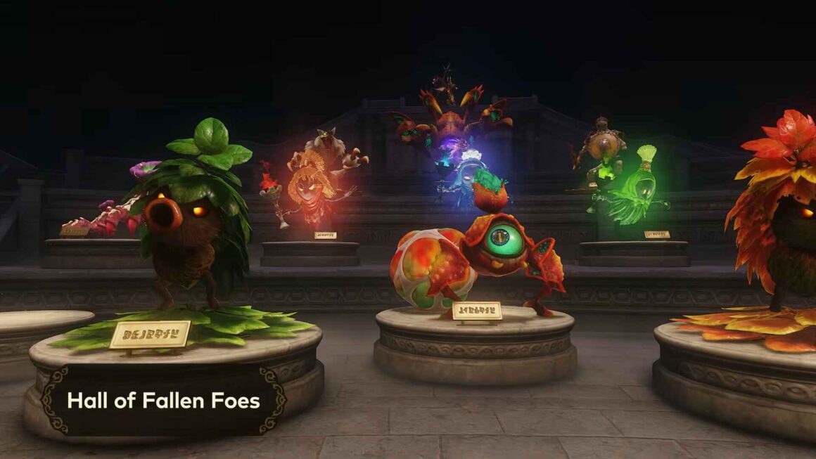 Defeated monsters displayed on pedestals in the Hall of Fallen Foes in Ocarina of Time for Nintendo Switch 2