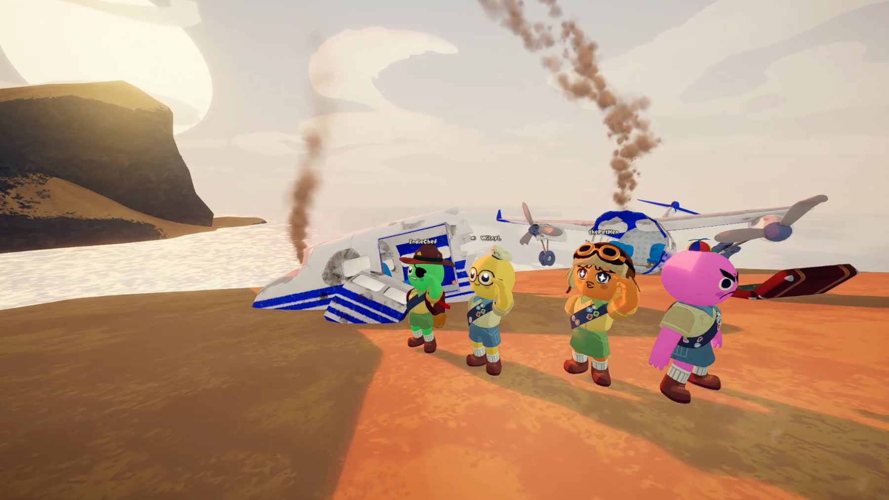 Four scouts standing beside a crashed plane on the shore in Peak