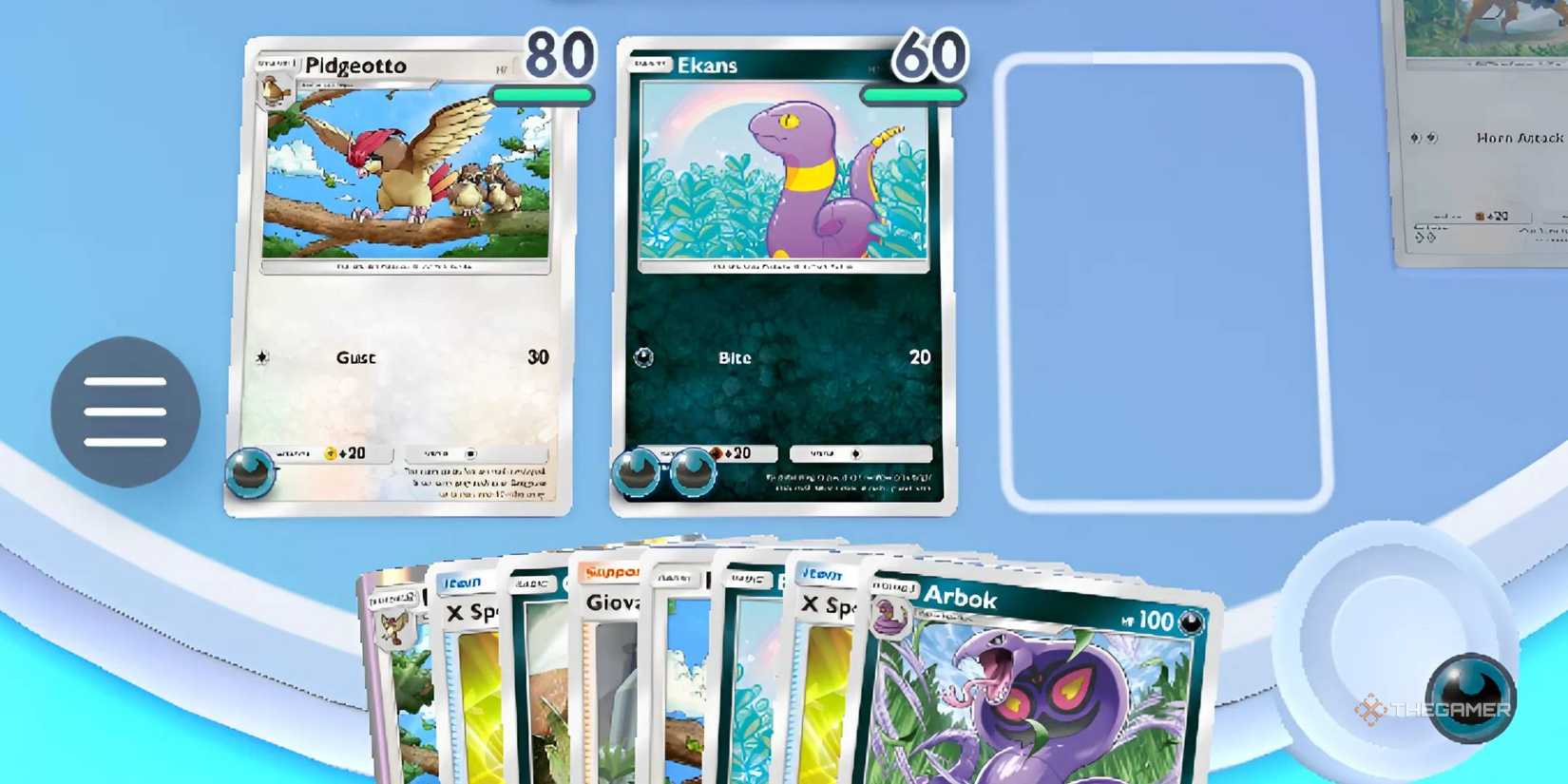 Pokemon TCG Pocket battle cards and a hand containing Arbok