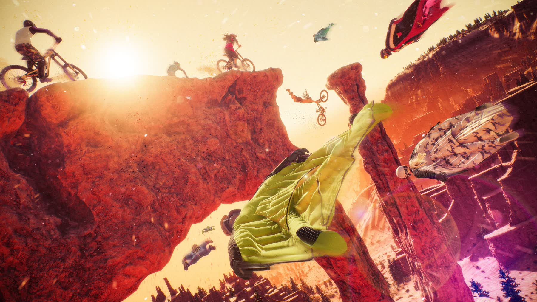 Cyclists and wingsuit riders cross a rocky canyon in Riders Republic