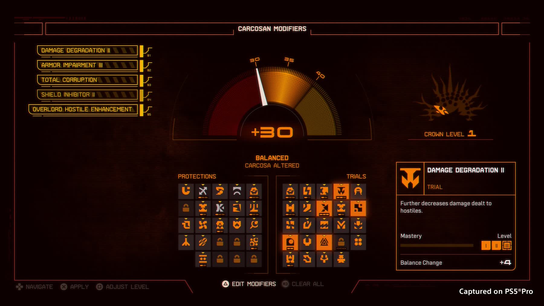 Carcosan Modifiers menu showing selected Trials, Modifier Balance and Crown level in Saros