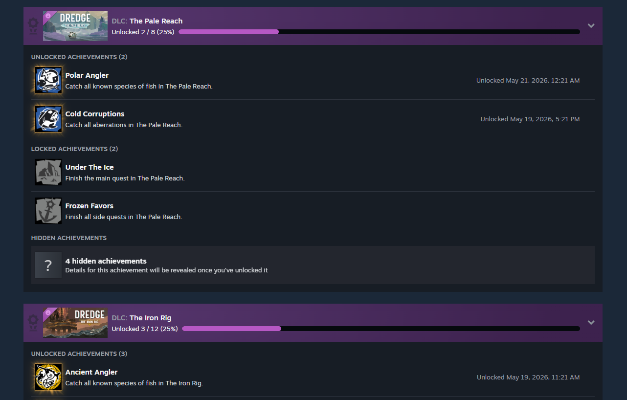 Dredge achievements grouped into purple sets for The Pale Reach and The Iron Rig DLC