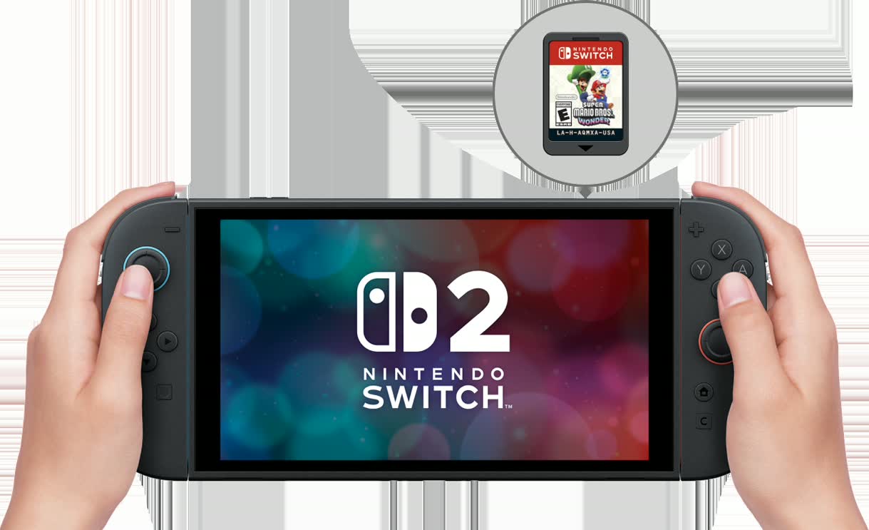 Nintendo Switch 2 shown with an original Switch game cartridge.