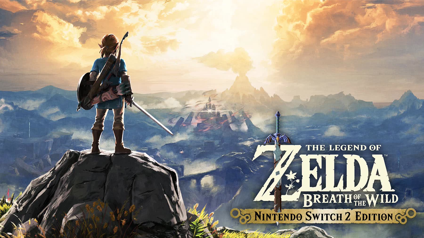 Link overlooks Hyrule in Breath of the Wild Switch 2 Edition artwork.