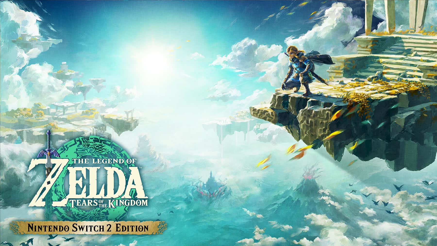 Link stands above the sky islands in Tears of the Kingdom Switch 2 Edition artwork.