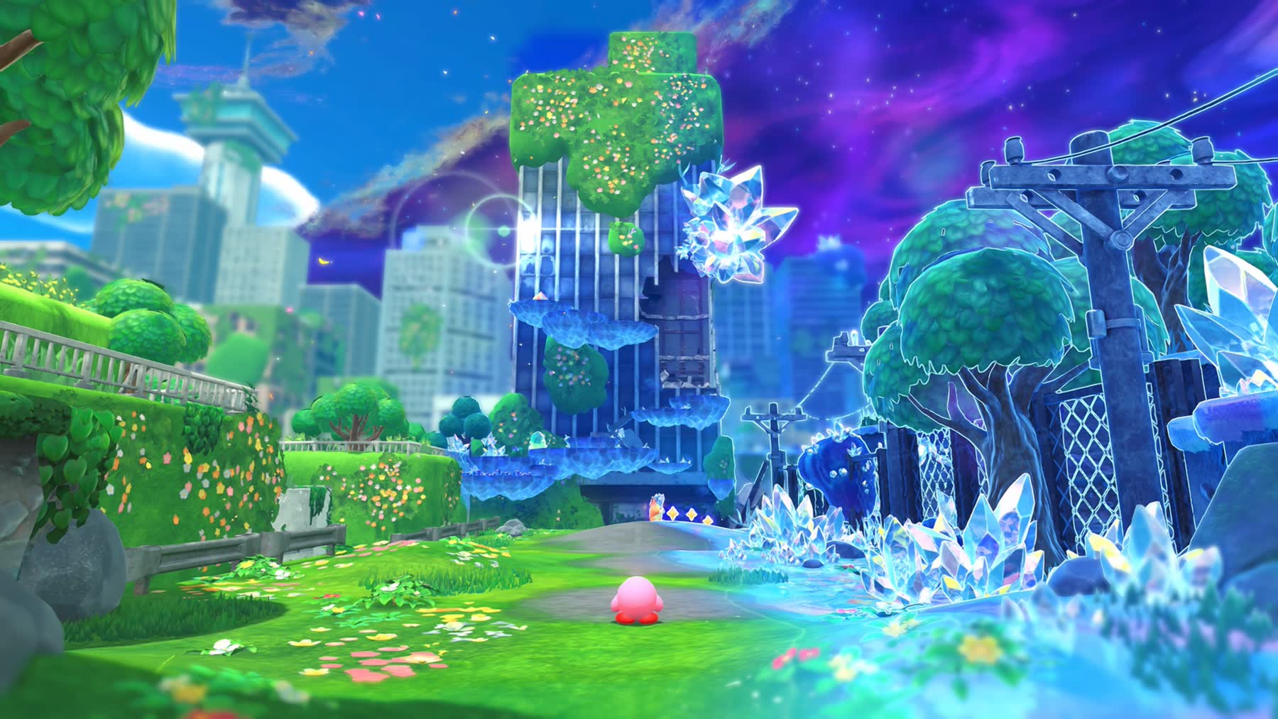 Kirby explores a crystalline landscape in Star-Crossed World.