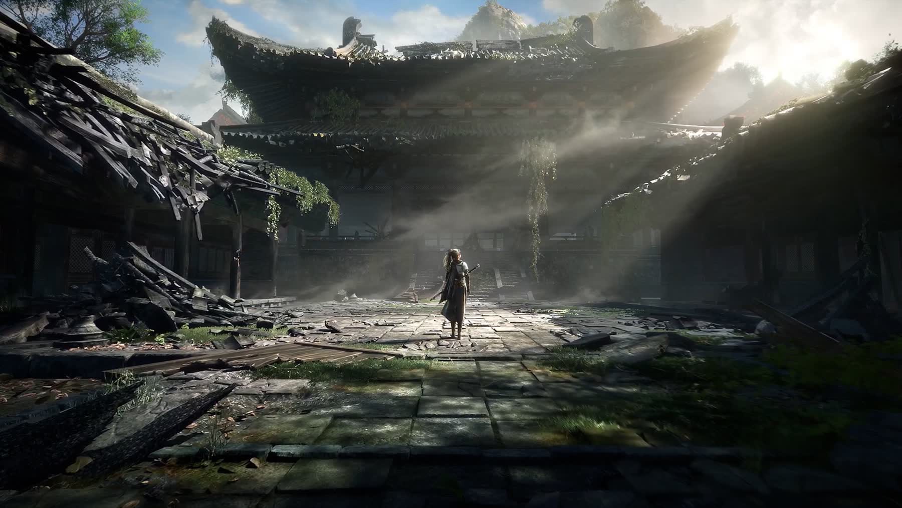 A sword-wielding character stands in a ruined courtyard in Where Winds Meet's Hutuo region